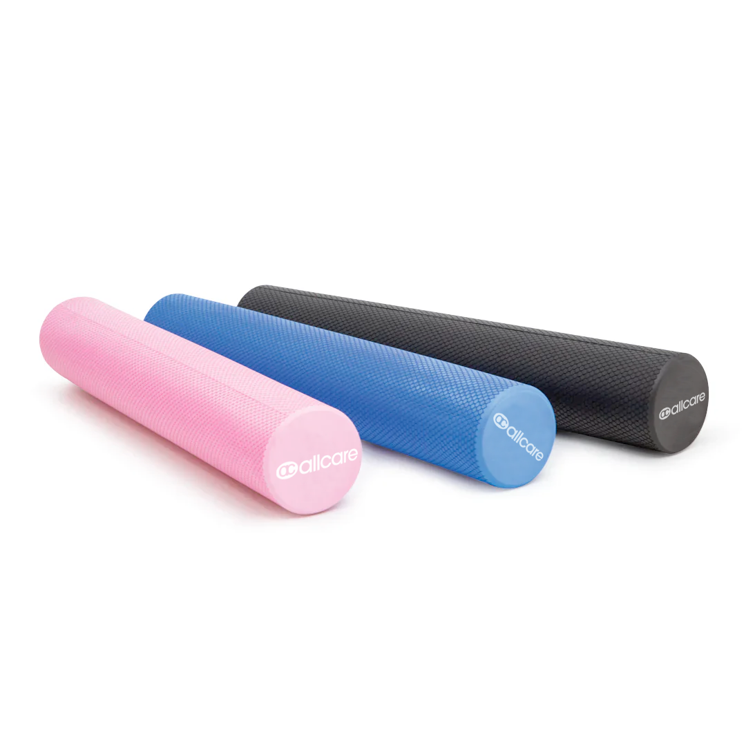 Allcare Full Round Foam Rollers For Stretching and Massage in pink, blue and black.