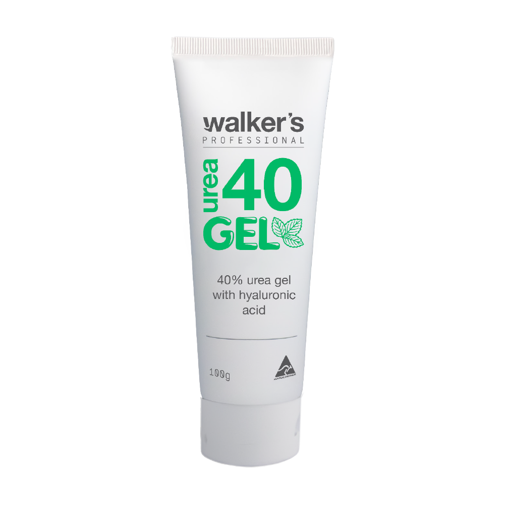 A white squeeze tube of Walker's Professional Urea 40 Gel, featuring green and black text on a clean white background.
